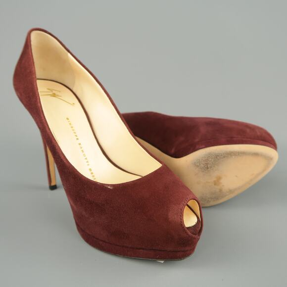 GIUSEPPE ZANOTTI Size 6.5 Burgundy Suede Peep Toe Platform SHARON Pumps - Picture 3 of 9